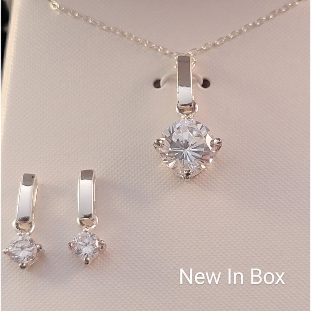Sterling Contemporary Drop Clear CZ Round Pendant Necklace Earrings Set - …
